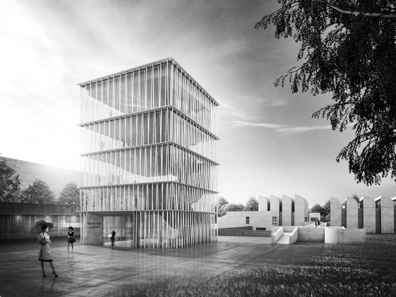 black and white picture of the new building of the bauhaus-arvhive berlin